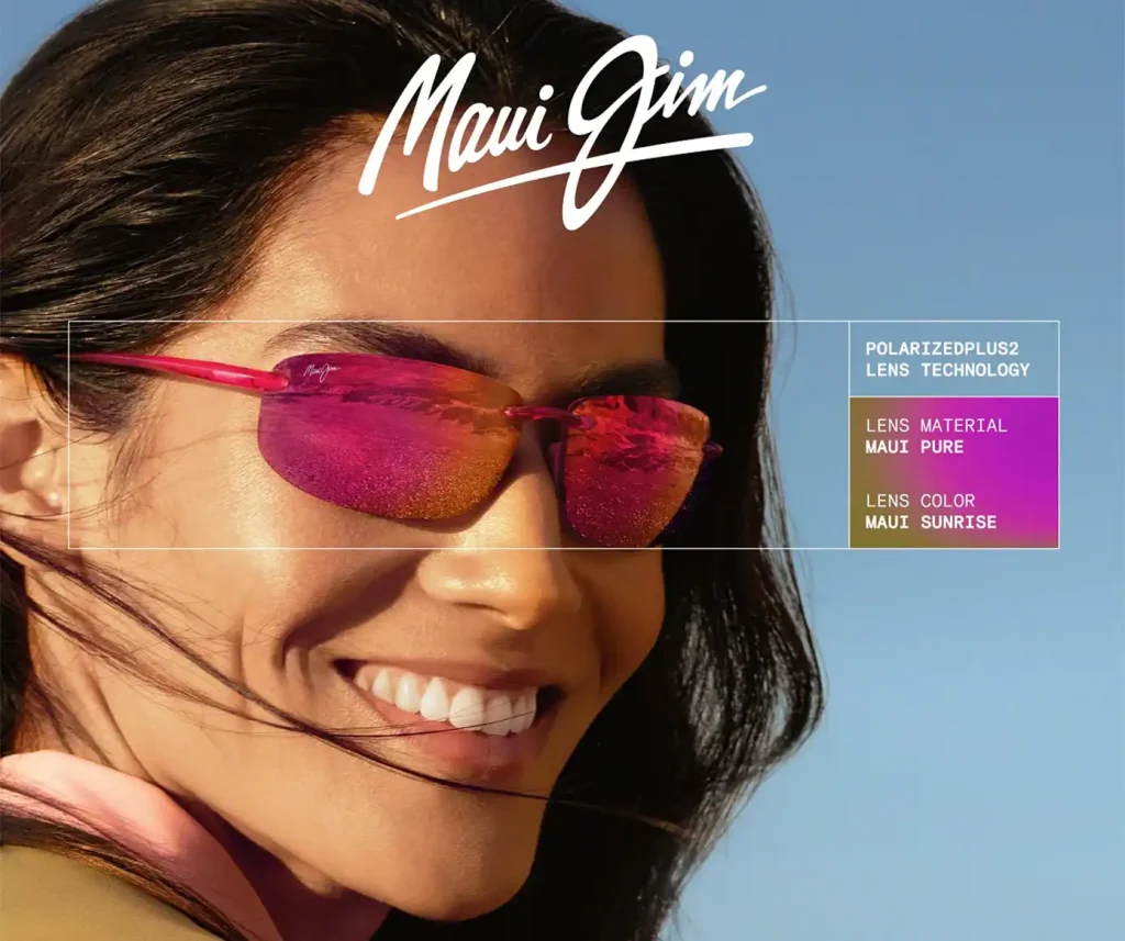 photo d'une modèle portant des lunettes de soleil Maui Jim rose HO'OKIPA