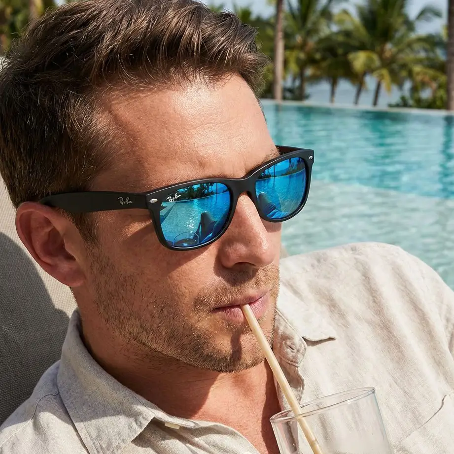 photo d'une paire de lunette RayBan New Wayfarer noire portée par un homme devant une piscine à Nouméa.