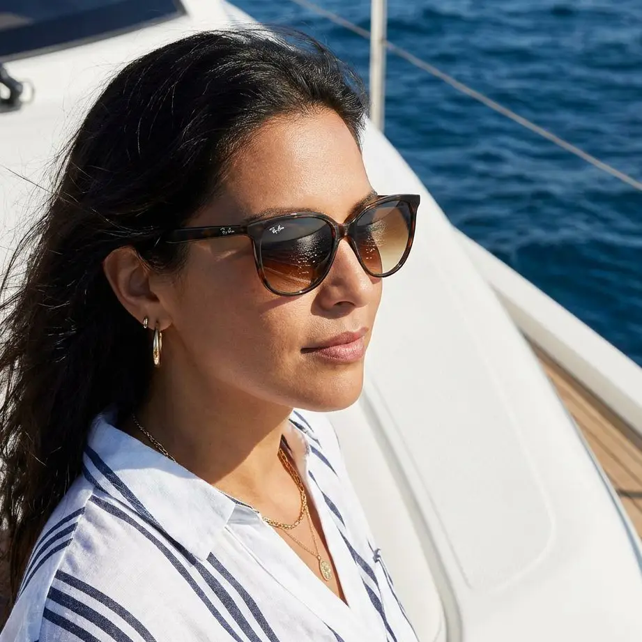 photo d'une paire de lunette RayBan 4378 écaille portée par un modèle femme sur un bateau