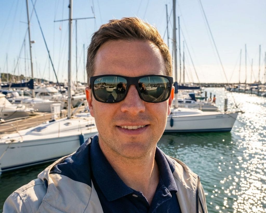 photo d'un homme portant des lunettes Maui Jim Redsands noire